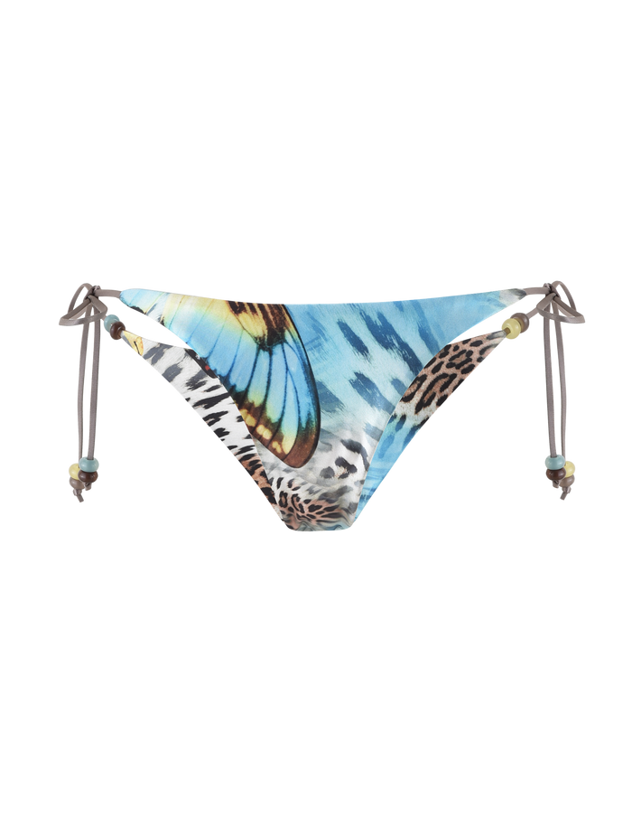 The FINLEA Bikini Bottom by TIGERMIST features side ties and showcases a vibrant butterfly and animal print on soft elastane fabric.