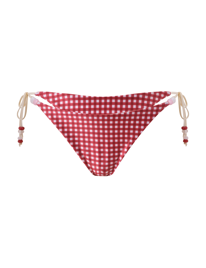 The TIGERMIST FINLEA BIKINI BOTTOM in red gingham features adjustable beige side ties with red and white beads, shown against a plain white background.