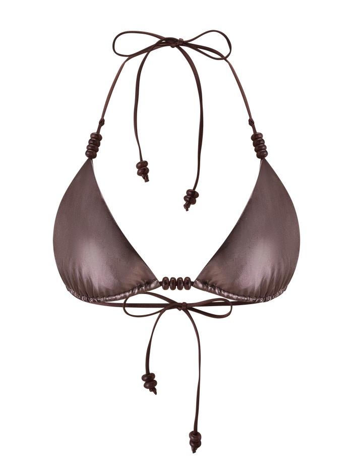 The FINLEA BIKINI TOP by TIGERMIST is a metallic bronze, classic triangle bikini with adjustable neck and back ties, finished with delicate knotted and beaded accents on the strings. Shown here against a white background.