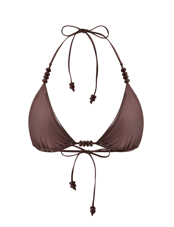The FINLEA BIKINI TOP - BRONZE by TIGERMIST is a brown triangle bikini with a slight sheen, adjustable halter and back ties, and small round bead accents on the straps, shown against a plain white background.