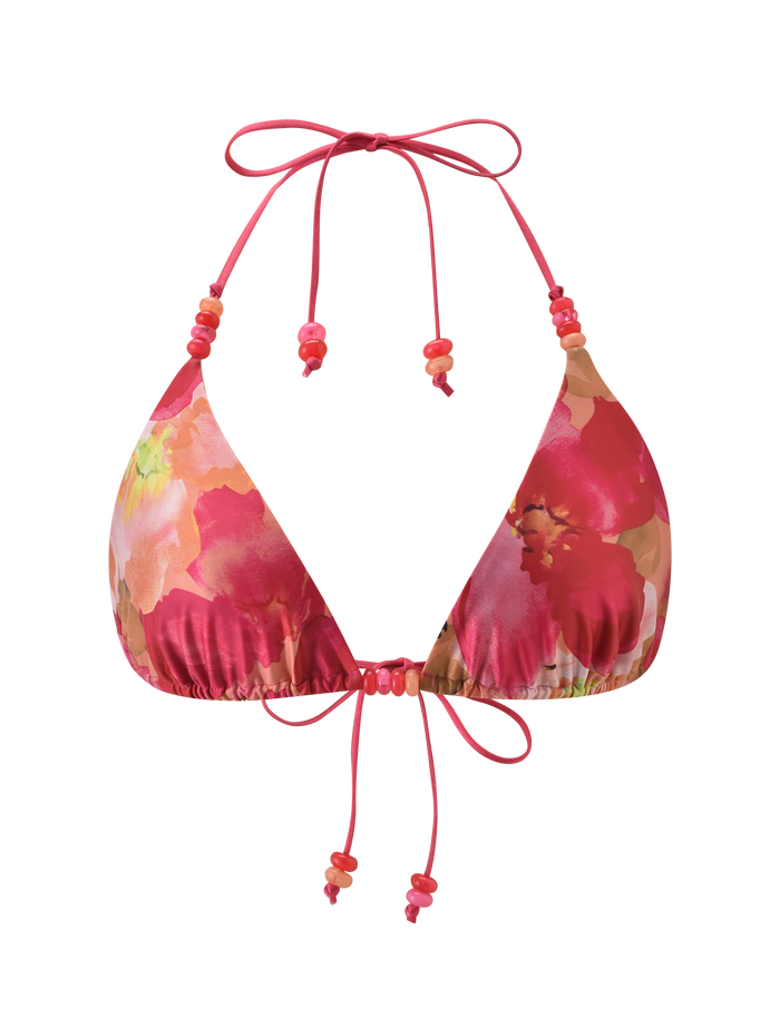 The FINLEA BIKINI TOP - DAIQUIRI FLORAL by TIGERMIST is a triangle bikini top with pink, red, and yellow floral print and beaded string ties at the neck and back.