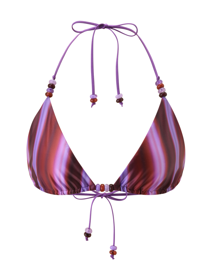 The TIGERMIST FINLEA BIKINI TOP - DUSK OMBRE STRIPE features purple and pink stripes, thin halter neck and back ties with colorful beads, and an adjustable triangle fit for customizable comfort.