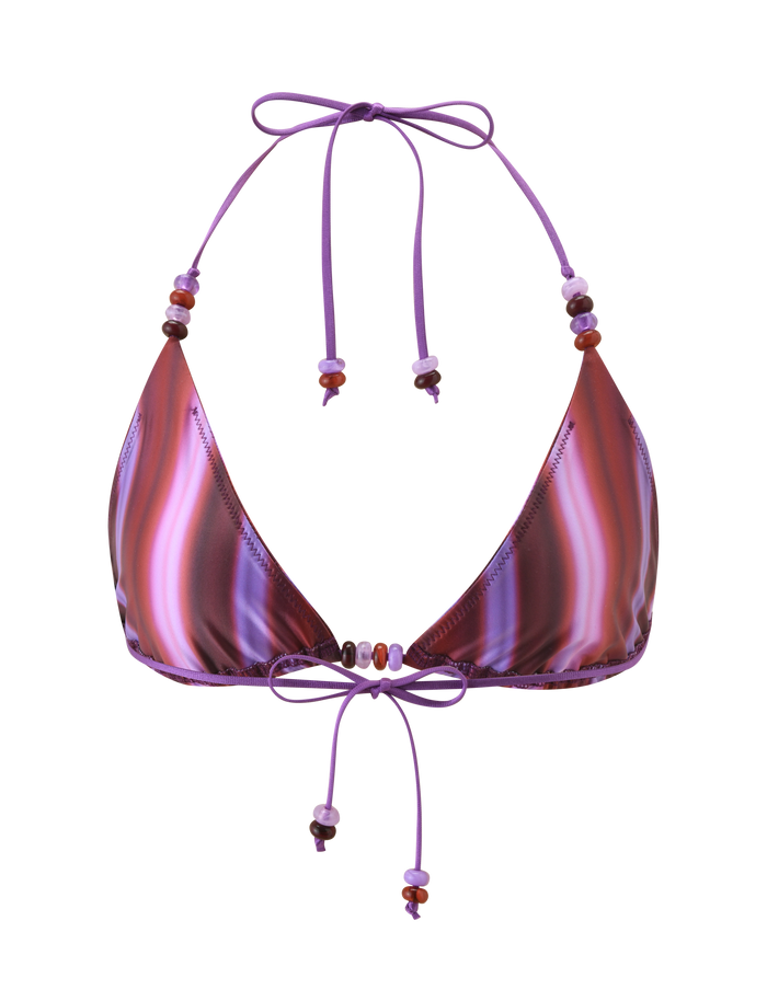 The TIGERMIST FINLEA BIKINI TOP - DUSK OMBRE STRIPE features shiny pink and purple stripes, halter ties with bead accents, and a flattering adjustable triangle silhouette.