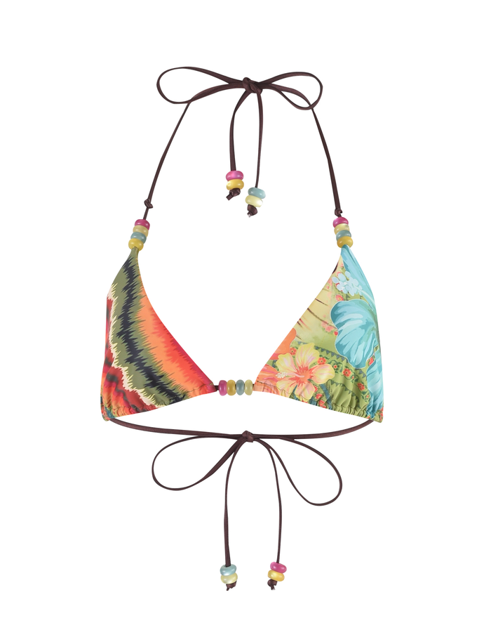 The FINLEA BIKINI TOP by TIGERMIST features a tropical floral print, beaded details, and an adjustable halter neck with multicolored beads on the ties.