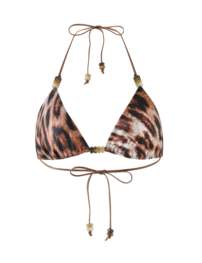 The FINLEA BIKINI TOP by TIGERMIST in Leopard Haze features a halter neck, adjustable triangle cups, back ties, and brown and beige bead accents on the straps.