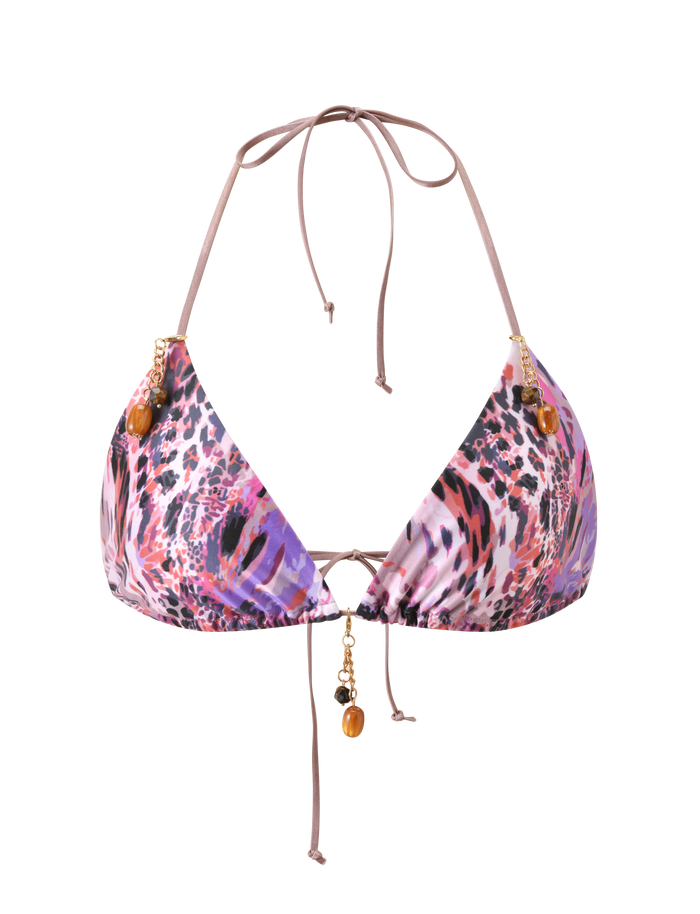 The TIGERMIST FINLEA BIKINI TOP 2.0 - PURPLE ANIMAL SWIRL features a vibrant print in purple, pink, and black, with gold accents and small beads on the center and adjustable straps.