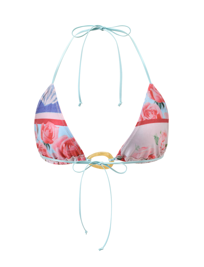 The TIGERMIST FINLEA RESIN RING BIKINI TOP in postcard print features a colorful floral and stripe design, light blue halter neck ties, and a gold ring detail at the center front.