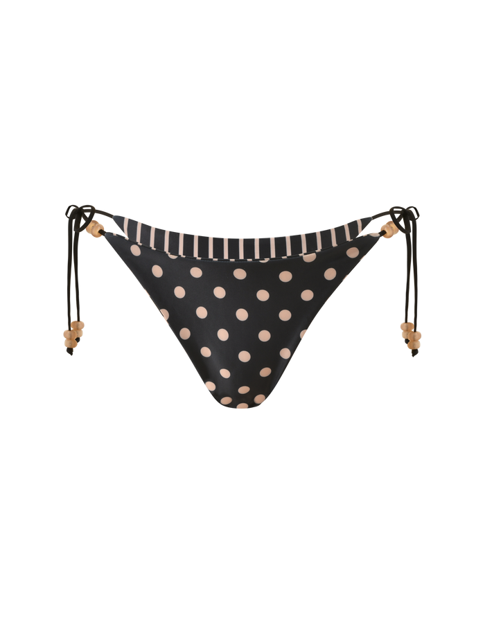 The TIGERMIST FINLEA REVERSIBLE BIKINI BOTTOM in black and tan features side string ties with beaded details and a cheeky cut, shown on a plain white background.