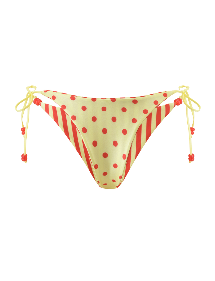 The TIGERMIST FINLEA REVERSIBLE BIKINI BOTTOM features a cheeky cut with a white base, red center dots, red striped sides, and adjustable side ties with red flower beads.
