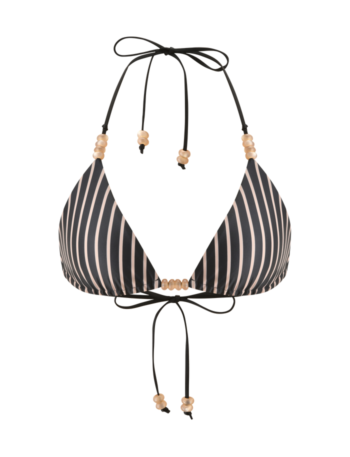 The FINLEA REVERSIBLE BIKINI TOP by TIGERMIST features black and tan stripes, adjustable triangle shape, and beaded halter and back ties. Displayed on a plain white background.