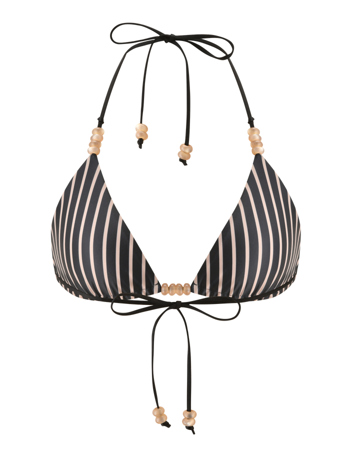 The TIGERMIST FINLEA REVERSIBLE BIKINI TOP in black and tan features adjustable triangle cups and decorative beaded straps at the center and ties.