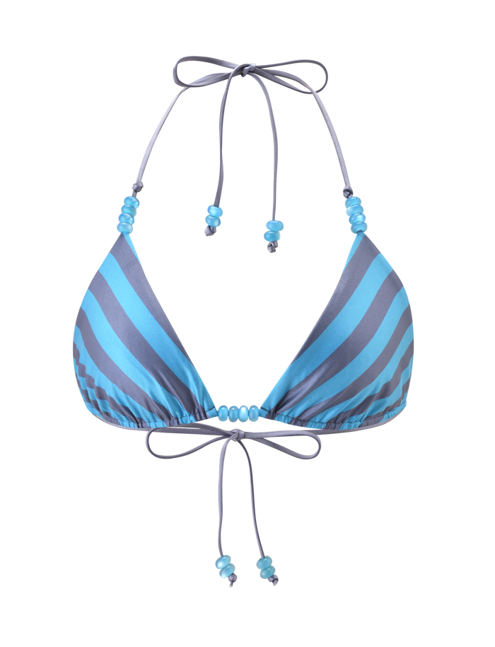 The TIGERMIST FINLEA REVERSIBLE BIKINI TOP features blue-grey dot and stripe patterns, a halter neck with back ties, and blue bead accents on the strings, shown against a plain white background.
