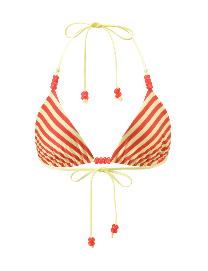 The TIGERMIST FINLEA REVERSIBLE BIKINI TOP in red and yellow dot and stripe features an adjustable triangle shape with halter neck, back ties, and red bead accents on the strings. Background is plain white.