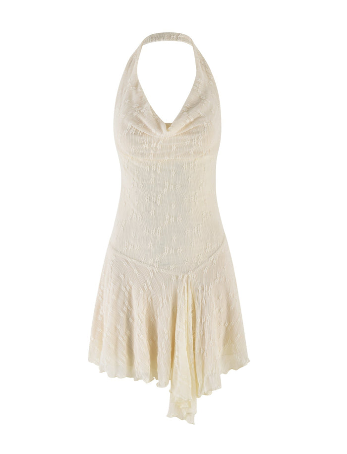 The TIGERMIST FIORELLA MINI DRESS features a cream lace design with a sleeveless halter neck, cowl neckline, and asymmetrical hemline. Its lightweight, textured fabric offers a flowy and elegant look in white.