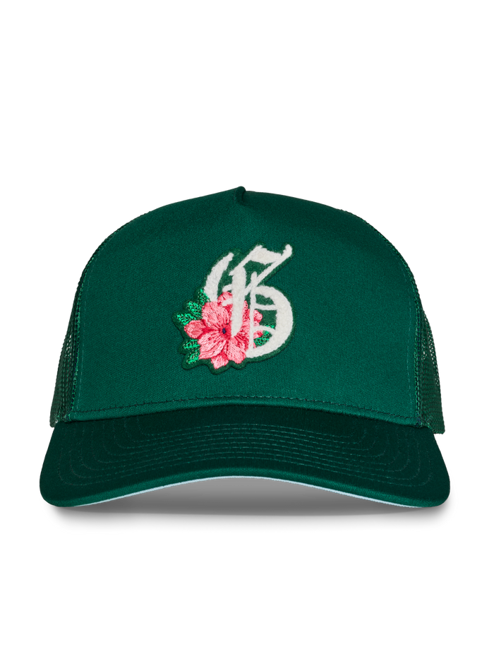 Green Floral "G" Trucker Hat - Front View, Embroidered Logo Detail | Greyson Clothiers