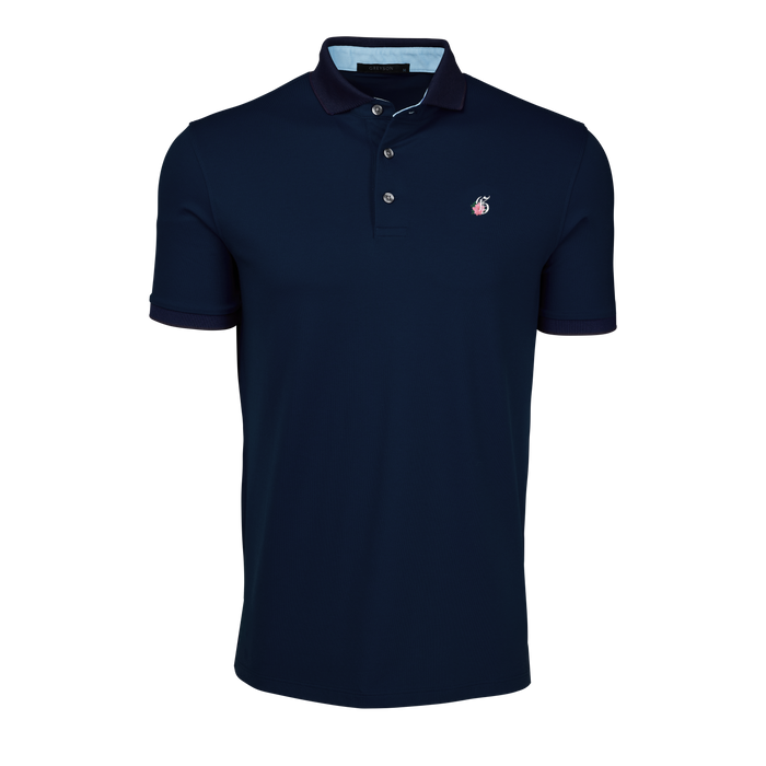 Maltese Blue Floral G Wolf Short Sleeve Polo Front View - Floral Logo, Contrast Collar | Greyson Clothiers