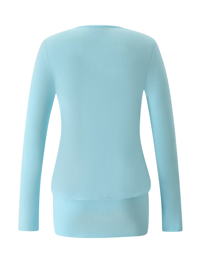 Back view of the TIGERMIST FOXLEY MINI DRESS in aqua blue, featuring long sleeves and a rounded neckline with a sleek, plain design. Styled for a modern minimalist look with no visible patterns or embellishments.
