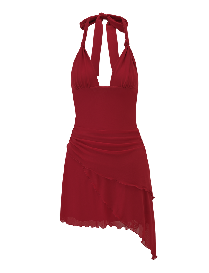 The FRIEDA MINI DRESS - RED by TIGERMIST is a sleeveless halter mini dress in deep red, featuring a ruched bodice, asymmetrical layered sheer skirt, fitted waist, neck tie closure, and an elegantly open back.