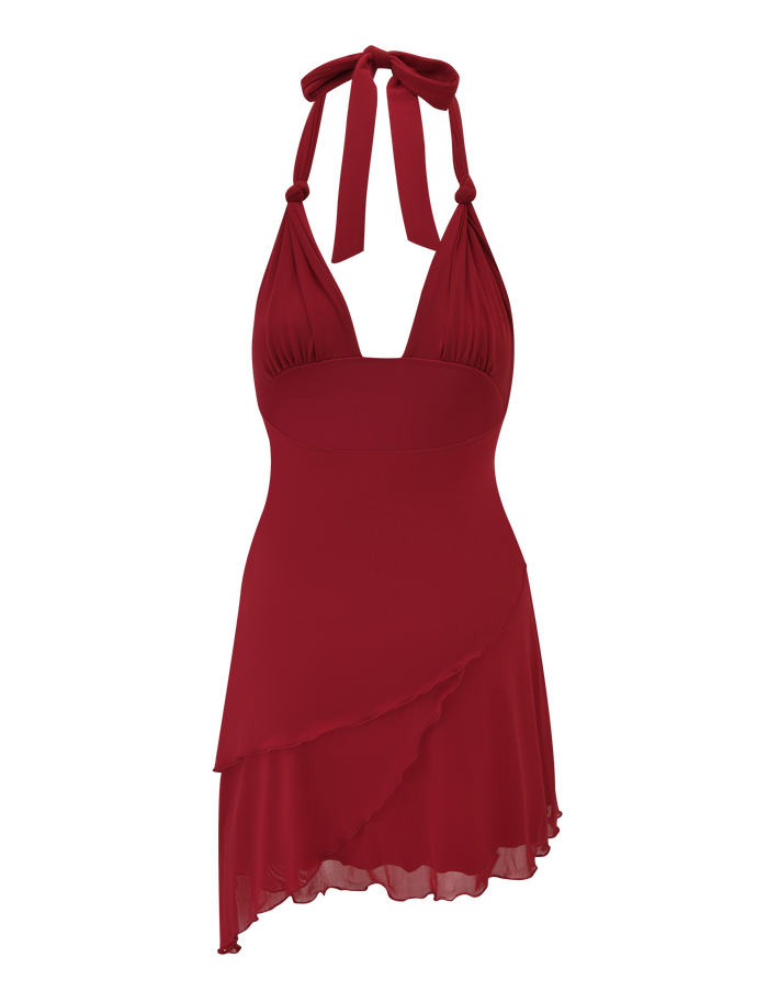 The TIGERMIST FRIEDA MINI DRESS - RED is a sleeveless asymmetrical halter mini dress with a fitted bodice, plunging neckline, layered chiffon skirt, and an open back that ties at the neck with wide straps.