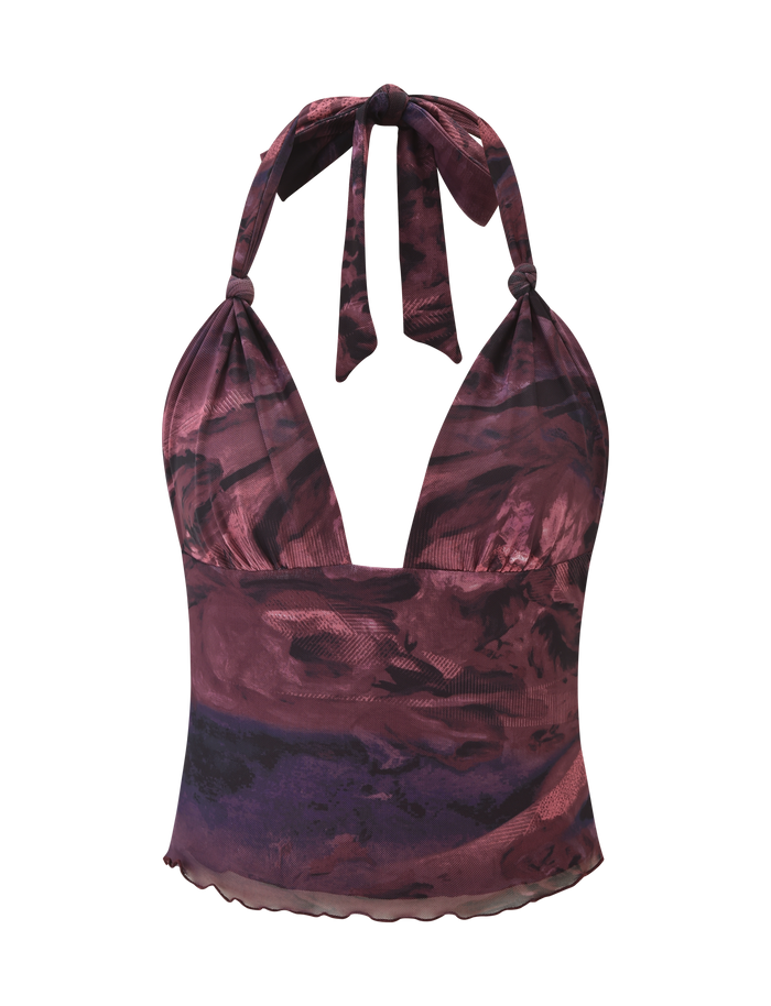 The FRIEDA TOP - BURGANDY ROMANTICA by TIGERMIST is a sleeveless halter top with a plunging neckline, neck tie, and a textured abstract maroon and purple swirl pattern inspired by the Frieda Dress.