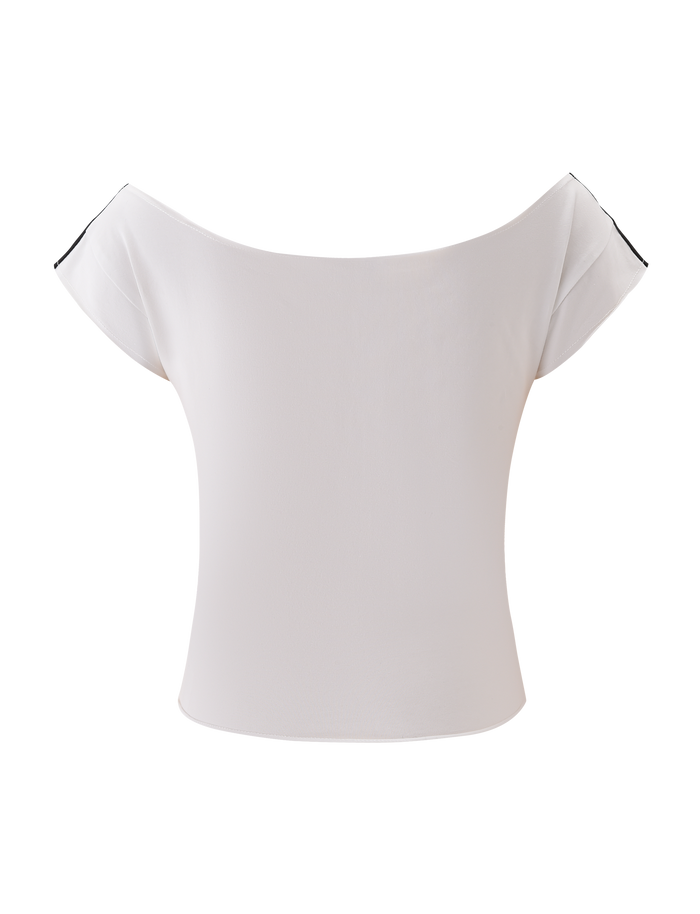 The FYNN TEE - WHITE by TIGERMIST is a women's white off-shoulder baseball tee with short sleeves and a fitted waist, shown against a plain white background.