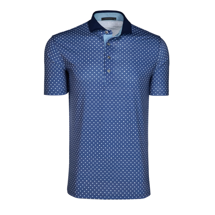 Falcon Blue Greyson G Squared Short Sleeve Polo - Monogram Print, Contrast Collar - Front View | Greyson Clothiers