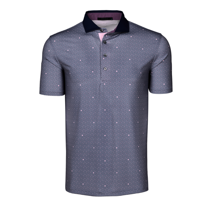 Tide Grey Greyson G Squared Short Sleeve Polo - Scattered Monogram Print, Navy Collar - Front View | Greyson Clothiers