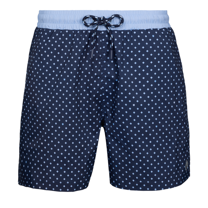 Maltese Blue G Squared Torch Swim Short - Diamond Print Front View, Contrast Waistband | Greyson Clothiers