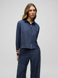 Maltese Blue G-Thing Ashe Cropped Button-Down, G-monogram print, contrast collar - Front On Model | Greyson Clothiers