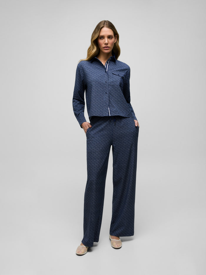 Maltese Blue G-Thing Ashe Cropped Button-Down styled with matching G-Thing trousers - Full Length Look | Greyson Clothiers