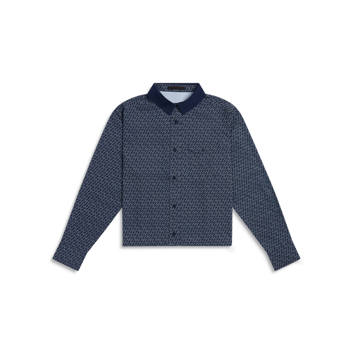 Maltese Blue G-Thing Ashe Cropped Button-Down, G-monogram print, contrast collar - Flat Lay Front View | Greyson Clothiers