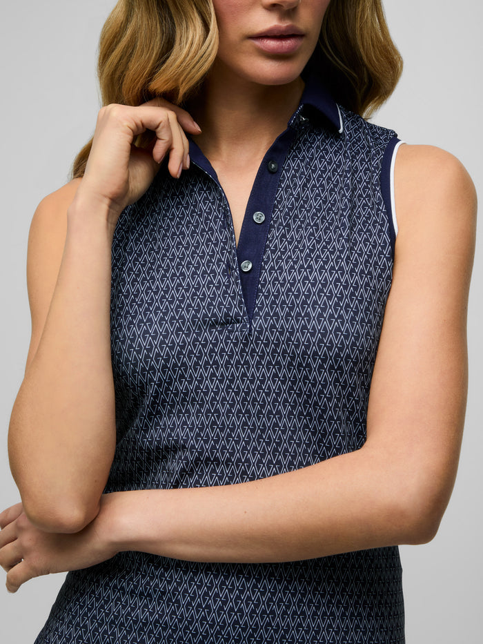 Maltese Blue Scarlett Sleeveless Polo - Collar & Placket Detail, G-Thing Print | Greyson Clothiers