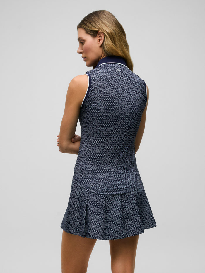 Maltese Blue G-Thing Sleeveless Scarlett Polo - Back View, Wolf Logo Detail | Greyson Clothiers