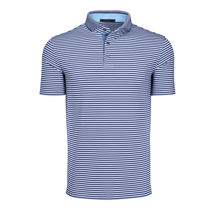 Vintage Indigo/Arctic Striped Gannett Short Sleeve Performance Polo - Front View | Greyson Clothiers