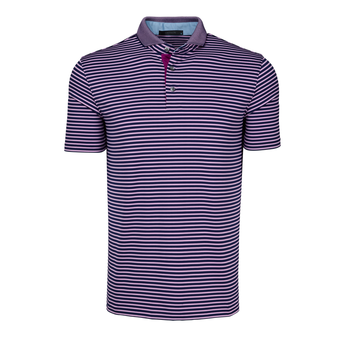 Maltese Blue/Wisteria Striped Gannett Short Sleeve Performance Polo - Front View | Greyson Clothiers
