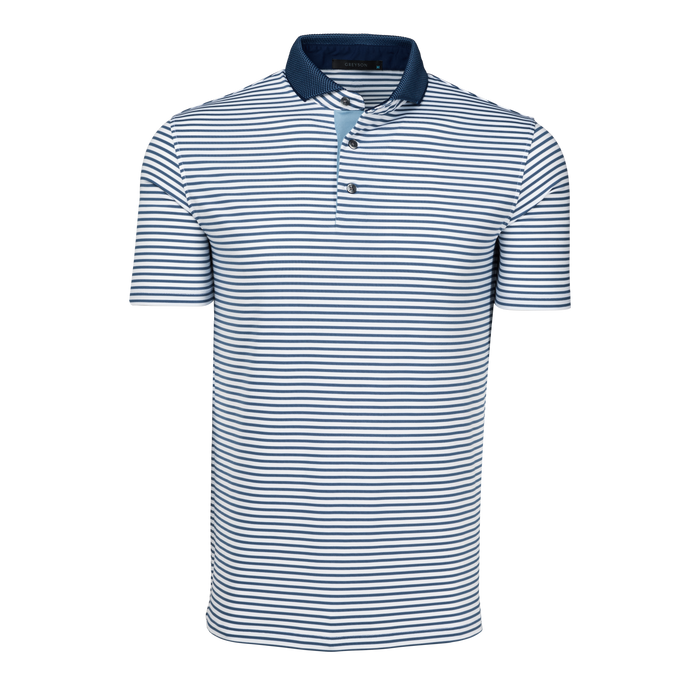 Maltese Blue/Jellyfish Striped Gannett Short Sleeve Performance Polo, Contrast Collar - Front View | Greyson Clothiers