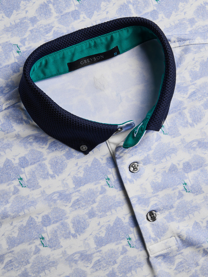 Garden of Thieves Polo Navy Knit Jacquard Cutaway Collar with Green Undercollar - Close Up | Greyson Clothiers