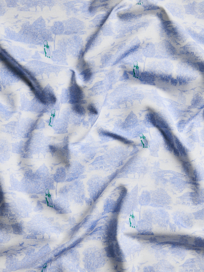 Garden of Thieves Golf Polo Arctic Blue Augusta-Inspired Print with Green Golfer Motif - Fabric Detail | Greyson Clothiers