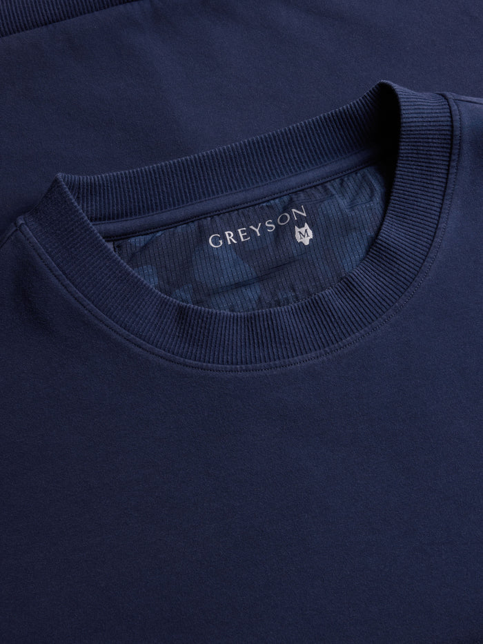 Maltese Blue Sequoia Crewneck Ribbed Collar & Wolf Label Detail | Greyson Clothiers