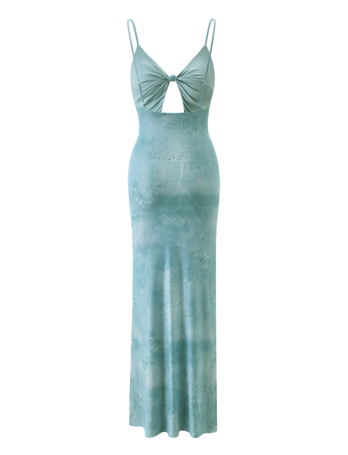 The TIGERMIST GARNET MAXI DRESS in teal butterfly paisley is a sleeveless, figure-flattering dress with spaghetti straps, a front knot and keyhole cutout, plus a subtle abstract pattern for added charm.