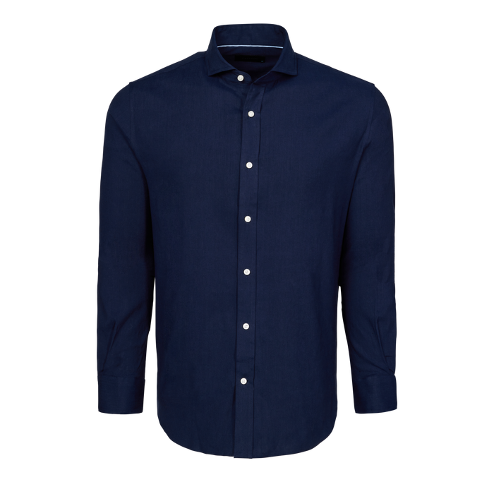 Maltese Blue Linen Blend Gaston Dress Shirt - Front View, Cutaway Collar, Contrast Buttons | Greyson Clothiers