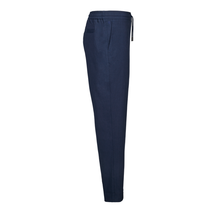 Maltese Blue Greyson Gaston Linen Drawstring Pant - Side Profile, Elasticated Waist & Slim Leg | Greyson Clothiers