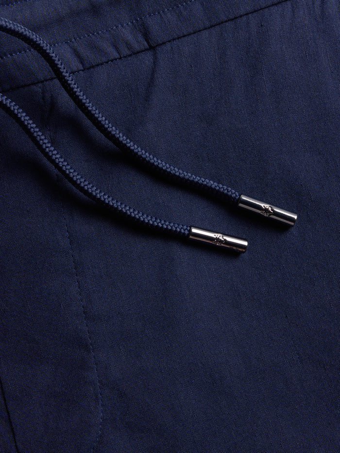Gaston Linen Pant Silver Metal-Tipped Drawstring & Linen Fabric Close-Up, Maltese Blue | Greyson Clothiers