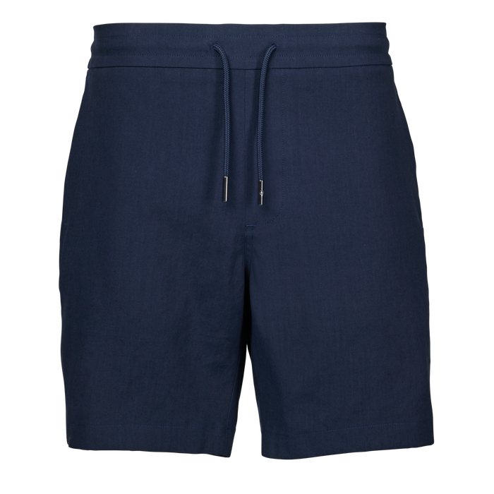 Maltese Blue Linen Gaston Pull-On Short - Front View, Metal Aglet Drawcord | Greyson Clothiers