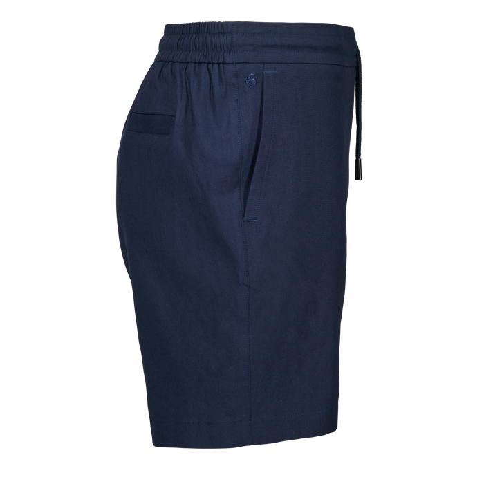 Maltese Blue Linen Gaston Pull-On Short - Side View with Gothic G Embroidery and Welt Pocket | Greyson Clothiers