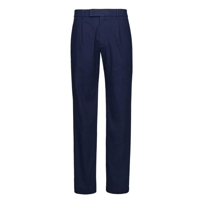 Maltese Blue Linen Blend Gaston Pleated Trouser - Front View, Classic Fit | Greyson Clothiers