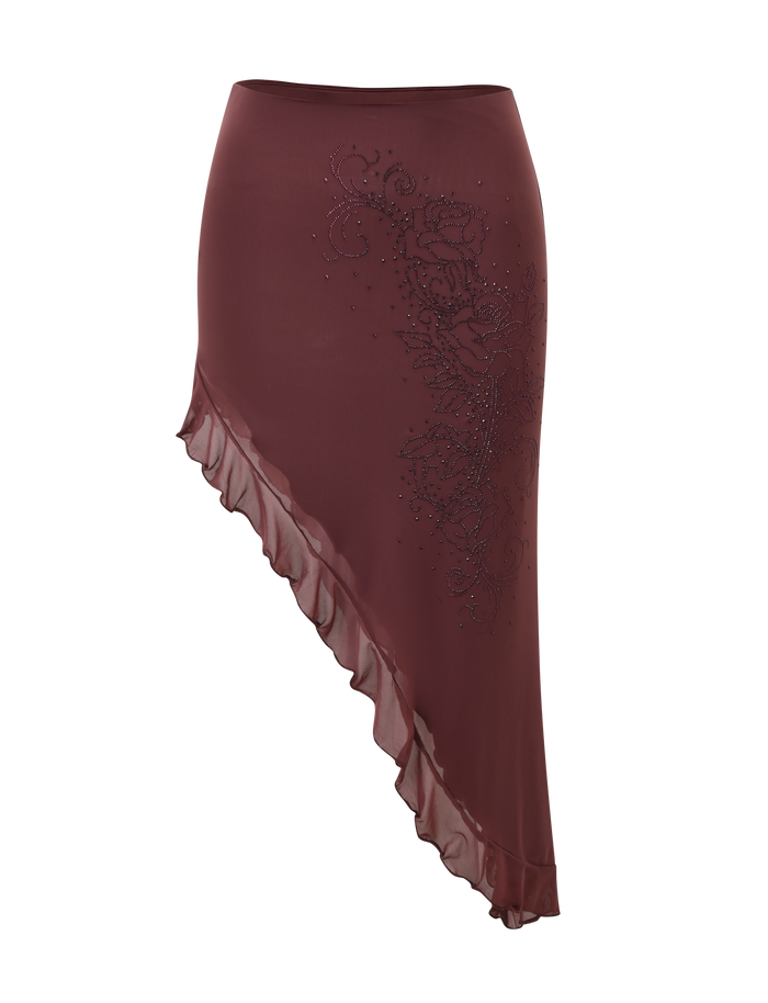 The TIGERMIST GEORGIE DIAMANTE HI LO SKIRT in chocolate features a sheer, lightweight fabric and an asymmetric ruffled hem, adding a chic touch to your look.