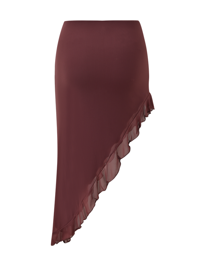 The TIGERMIST GEORGIE DIAMANTE HI LO SKIRT in chocolate features a smooth, flowy fabric, elegant ruffled hem, and an asymmetric hi-lo design for a chic look.