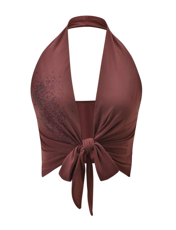 The GEORGIE DIAMANTE TOP by TIGERMIST is a sleeveless chocolate halter neck top featuring a plunging neckline, tie-front closure, and delicate diamante embellishments on the left side.