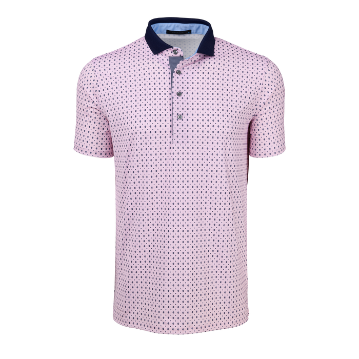 Sunrise Ghost Dreamer Short Sleeve Polo - Front View, Wolf Motif Print with Contrast Navy Collar | Greyson Clothiers
